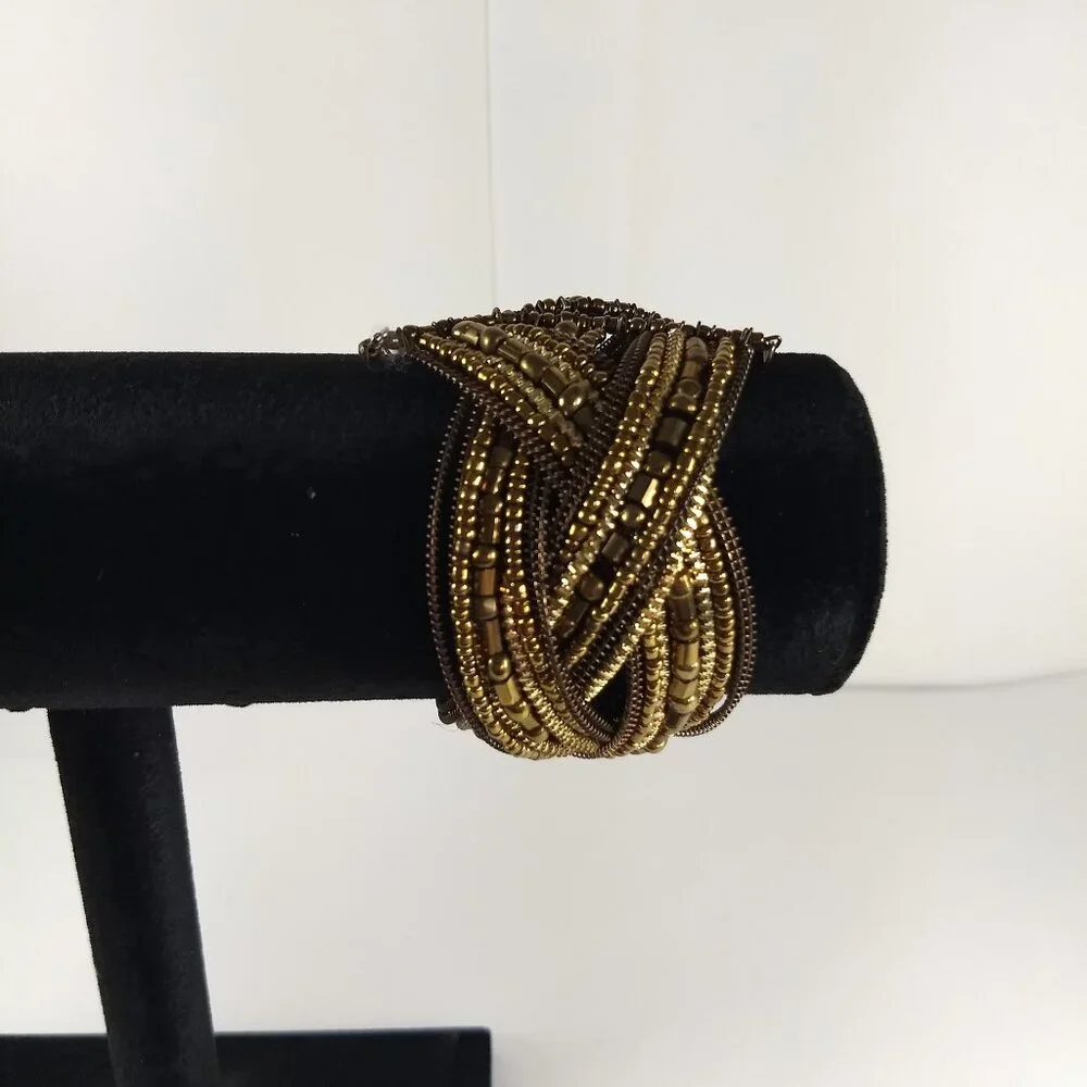 Bala Booste Woven Seed Bead Cuff Bracelet Statement Modern Beaded Gold & Brown